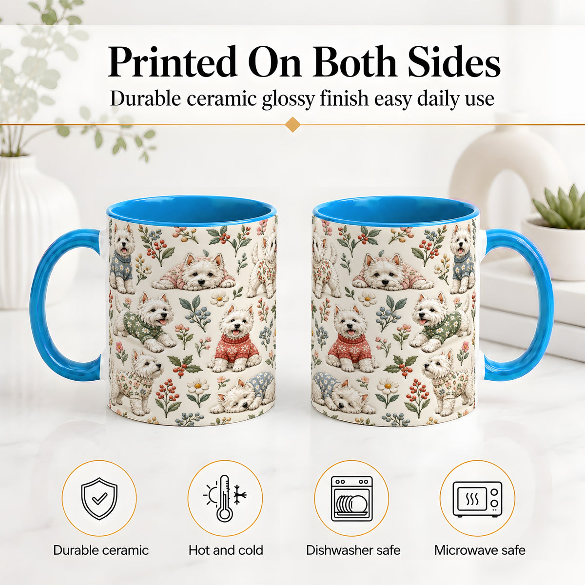 #pl[11oz|Blue] Floral White Terrier Accent Mug, Ceramic Mug with Botanical Dog Art