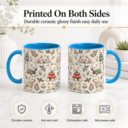 #pl[11oz|Blue] Floral White Terrier Accent Mug, Ceramic Mug with Botanical Dog Art