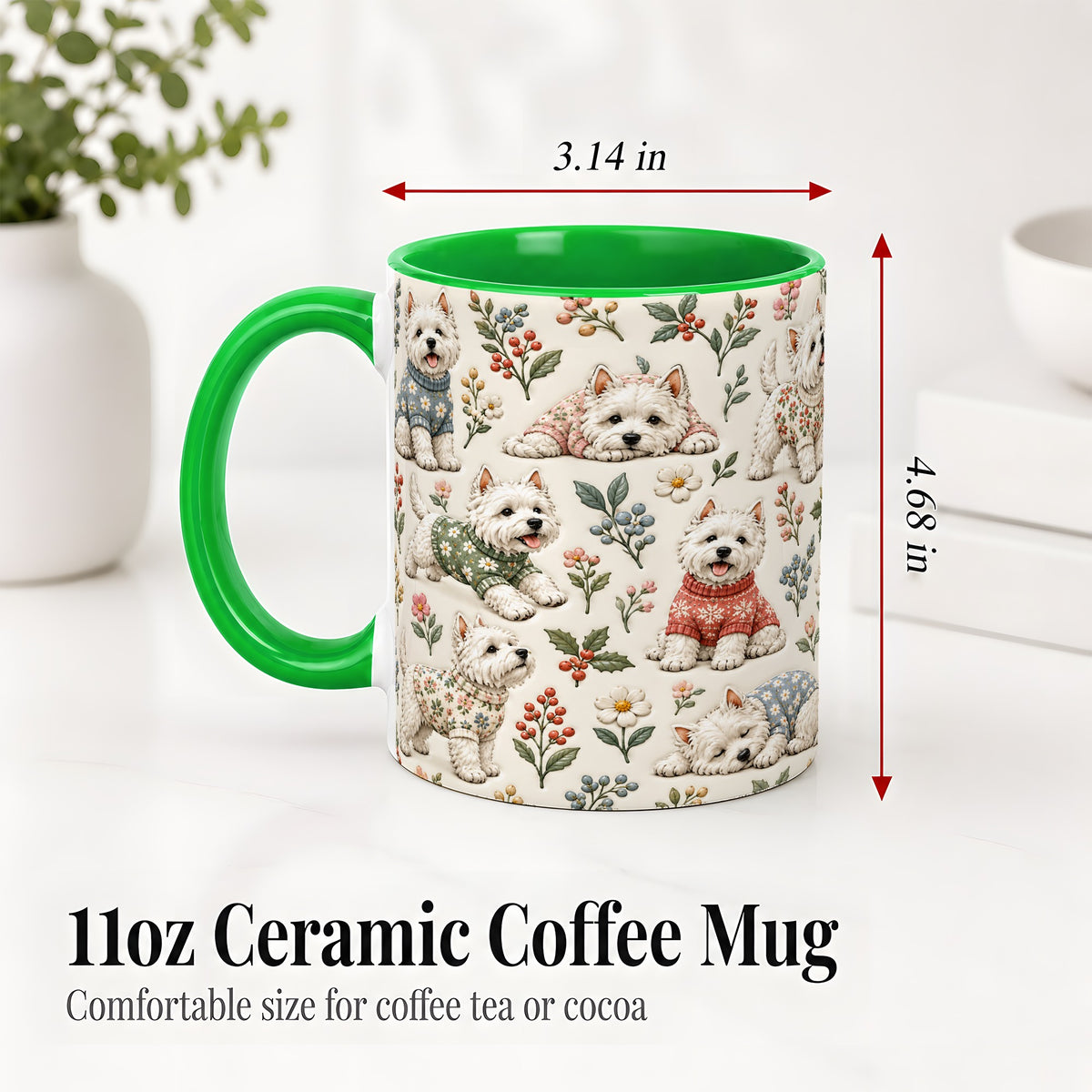 #pl[11oz|Green] Floral White Terrier Accent Mug, Ceramic Mug with Botanical Dog Art