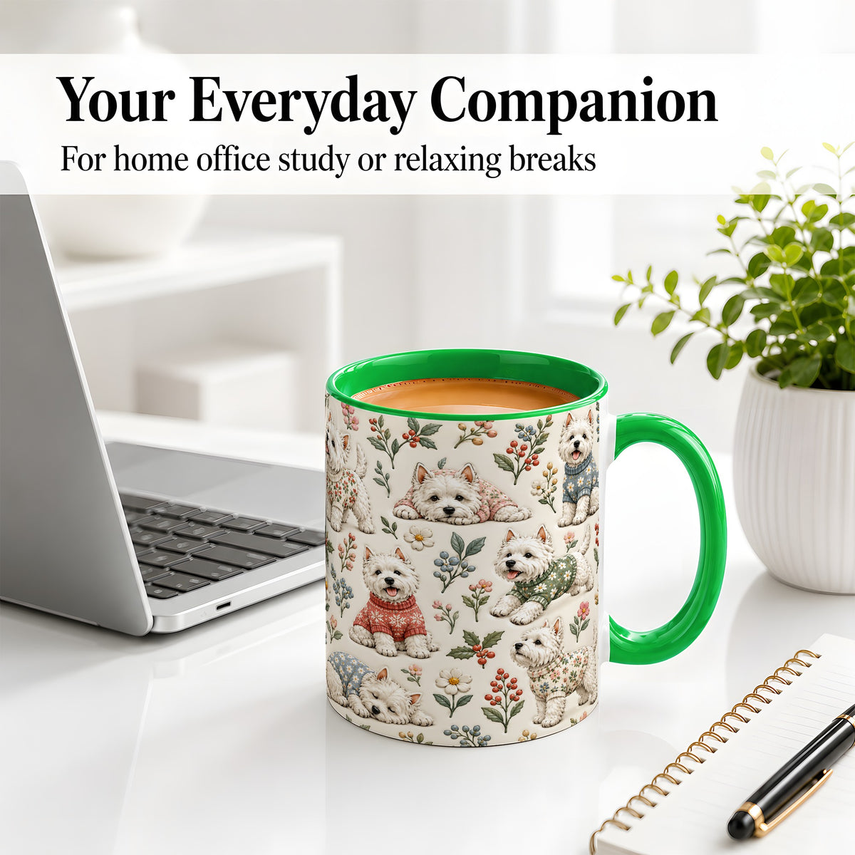 #pl[11oz|Green] Floral White Terrier Accent Mug, Ceramic Mug with Botanical Dog Art