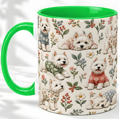 #pl[11oz|Green] Floral White Terrier Accent Mug, Ceramic Mug with Botanical Dog Art