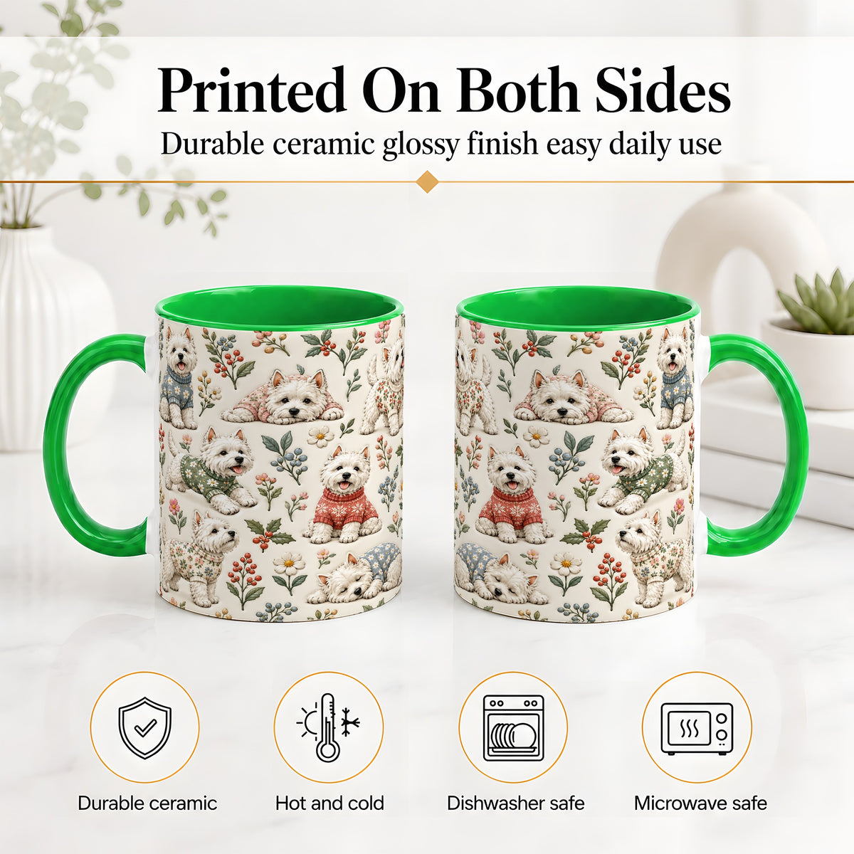 #pl[11oz|Green] Floral White Terrier Accent Mug, Ceramic Mug with Botanical Dog Art