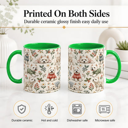 #pl[11oz|Green] Floral White Terrier Accent Mug, Ceramic Mug with Botanical Dog Art
