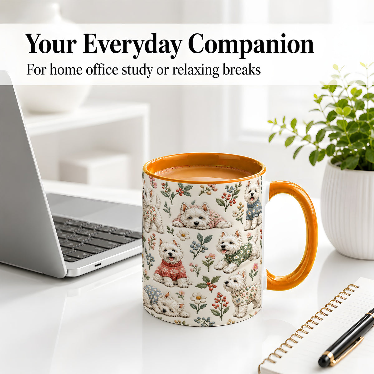 #pl[11oz|Orange] Floral White Terrier Accent Mug, Ceramic Mug with Botanical Dog Art