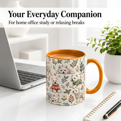 #pl[11oz|Orange] Floral White Terrier Accent Mug, Ceramic Mug with Botanical Dog Art