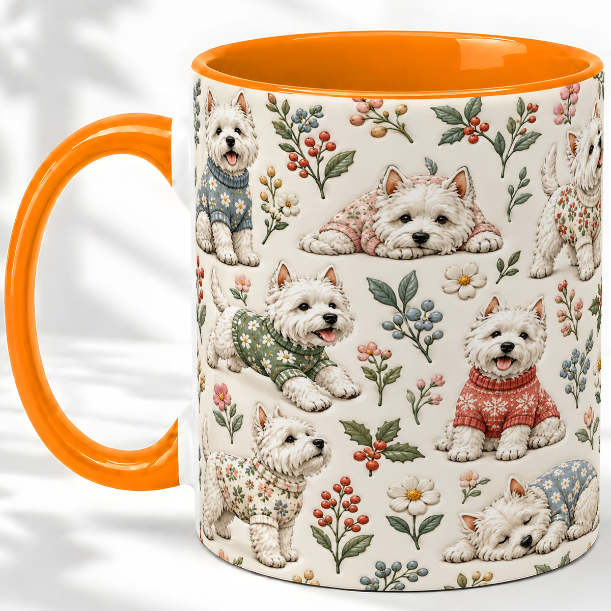 #pl[11oz|Orange] Floral White Terrier Accent Mug, Ceramic Mug with Botanical Dog Art