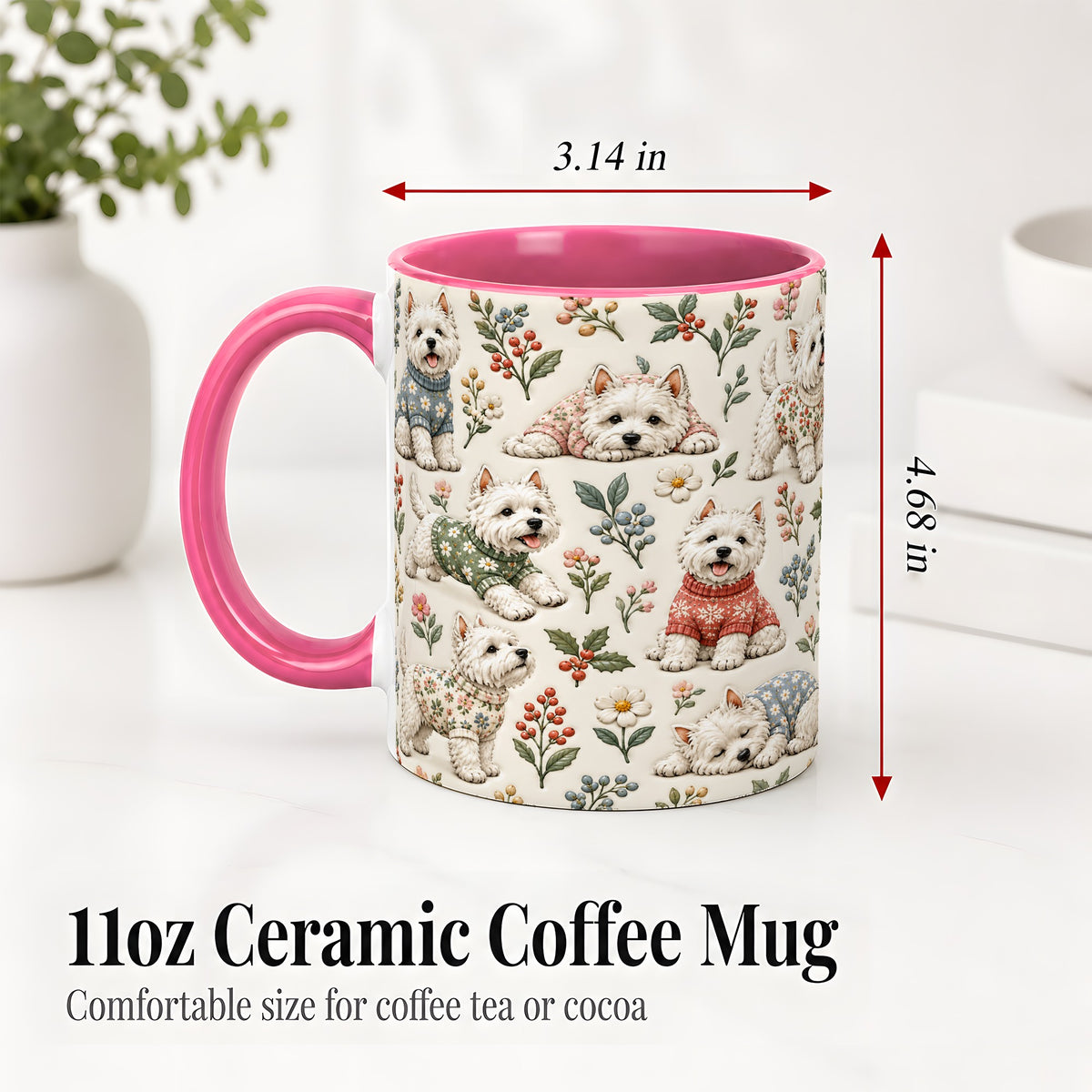 #pl[11oz|Pink] Floral White Terrier Accent Mug, Ceramic Mug with Botanical Dog Art
