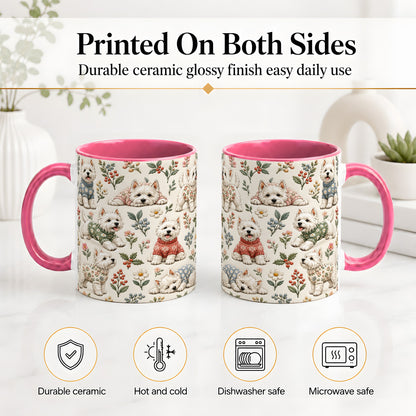 #pl[11oz|Pink] Floral White Terrier Accent Mug, Ceramic Mug with Botanical Dog Art