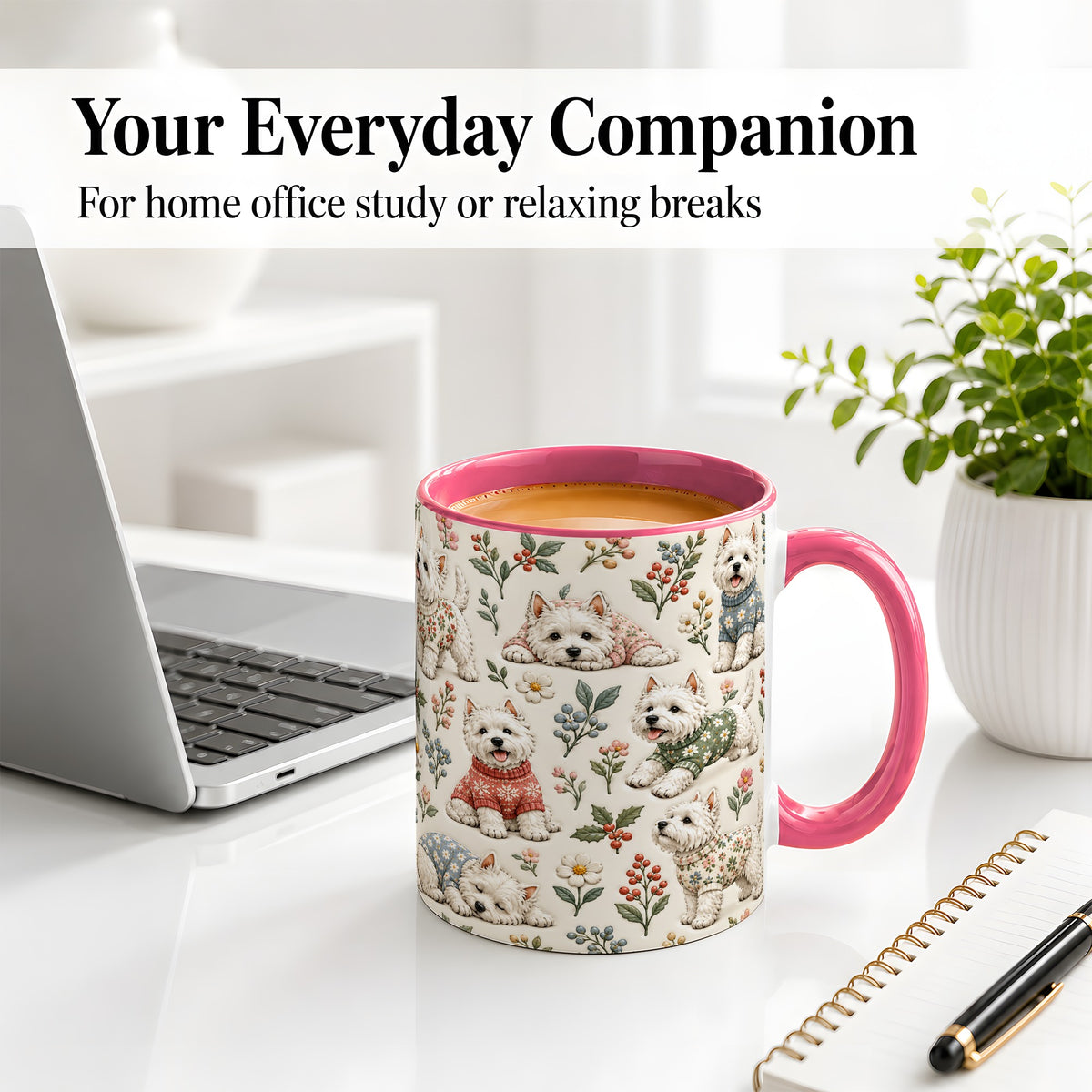 #pl[11oz|Pink] Floral White Terrier Accent Mug, Ceramic Mug with Botanical Dog Art