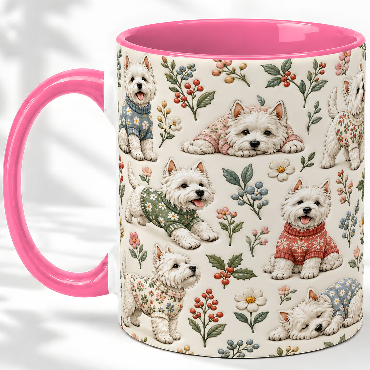 #pl[11oz|Pink] Floral White Terrier Accent Mug, Ceramic Mug with Botanical Dog Art