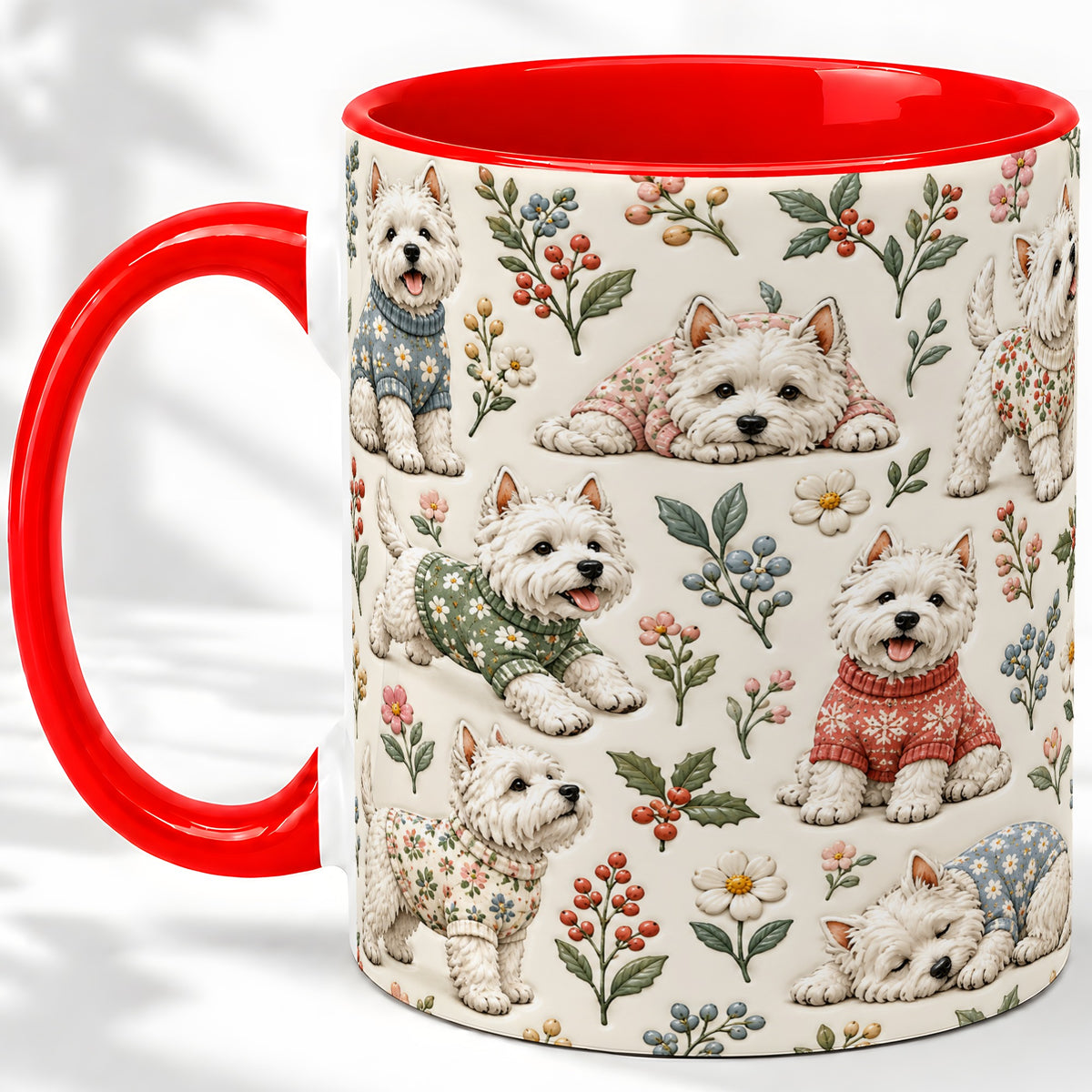 Floral White Terrier Accent Mug, Ceramic Mug with Botanical Dog Art