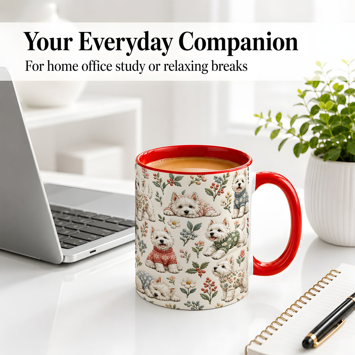 #pl[11oz|Red] Floral White Terrier Accent Mug, Ceramic Mug with Botanical Dog Art