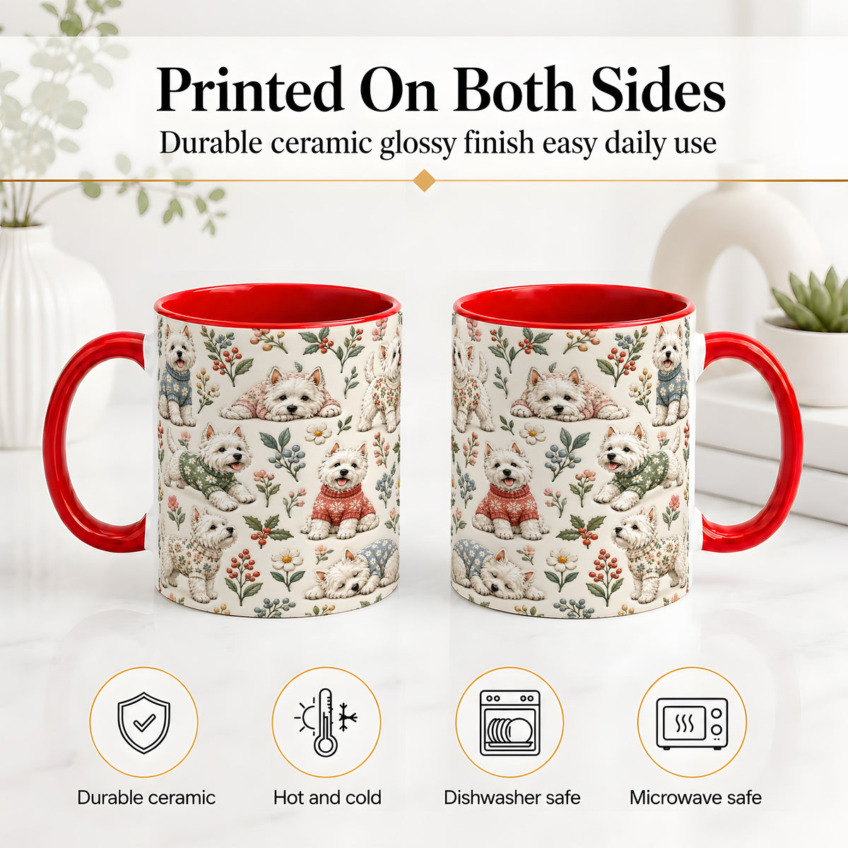 #pl[11oz|Red] Floral White Terrier Accent Mug, Ceramic Mug with Botanical Dog Art