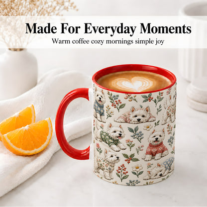 #pl[11oz|Red] Floral White Terrier Accent Mug, Ceramic Mug with Botanical Dog Art