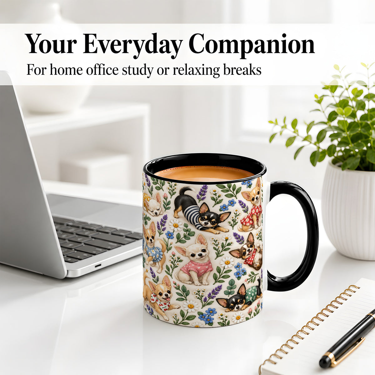 #pl[11oz|Black] Floral Chihuahua Accent Mug, Ceramic Mug with Botanical Dog Art