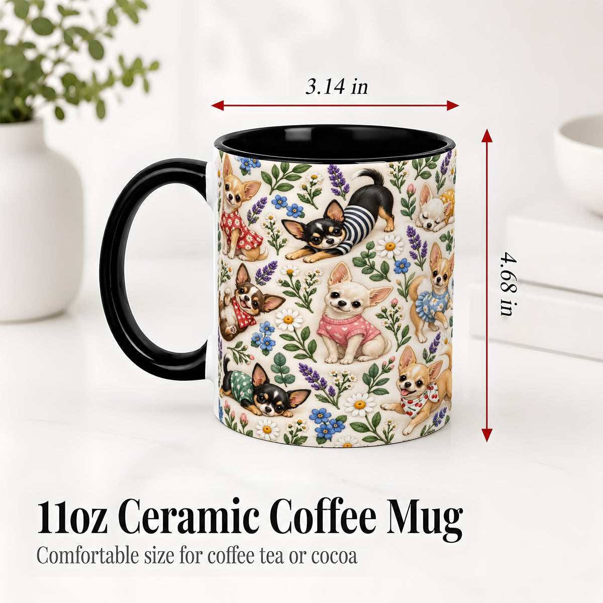 #pl[11oz|Black] Floral Chihuahua Accent Mug, Ceramic Mug with Botanical Dog Art