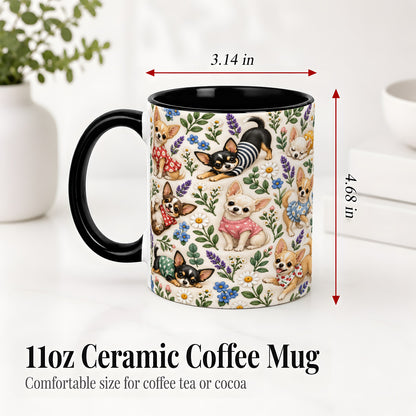 #pl[11oz|Black] Floral Chihuahua Accent Mug, Ceramic Mug with Botanical Dog Art