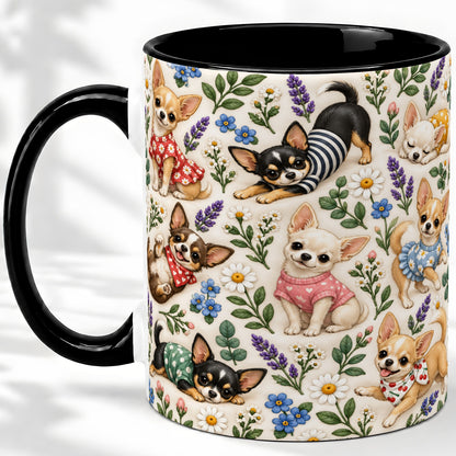 #pl[11oz|Black] Floral Chihuahua Accent Mug, Ceramic Mug with Botanical Dog Art