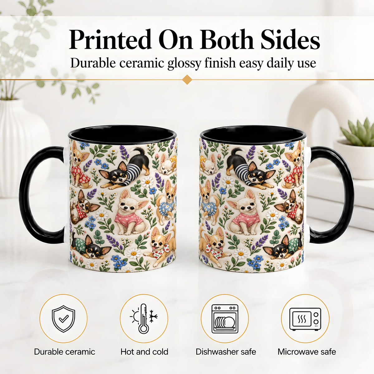 #pl[11oz|Black] Floral Chihuahua Accent Mug, Ceramic Mug with Botanical Dog Art