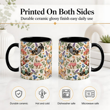 #pl[11oz|Black] Floral Chihuahua Accent Mug, Ceramic Mug with Botanical Dog Art