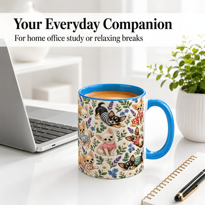 #pl[11oz|Blue] Floral Chihuahua Accent Mug, Ceramic Mug with Botanical Dog Art