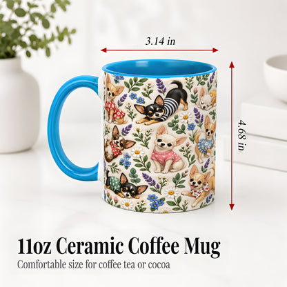 #pl[11oz|Blue] Floral Chihuahua Accent Mug, Ceramic Mug with Botanical Dog Art