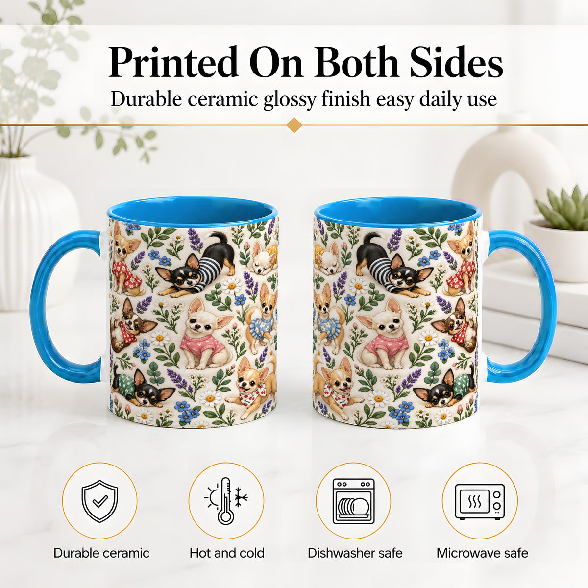 #pl[11oz|Blue] Floral Chihuahua Accent Mug, Ceramic Mug with Botanical Dog Art