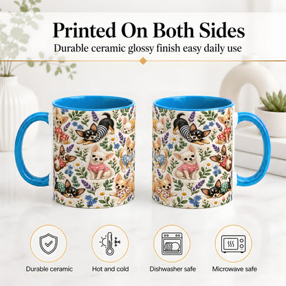 #pl[11oz|Blue] Floral Chihuahua Accent Mug, Ceramic Mug with Botanical Dog Art