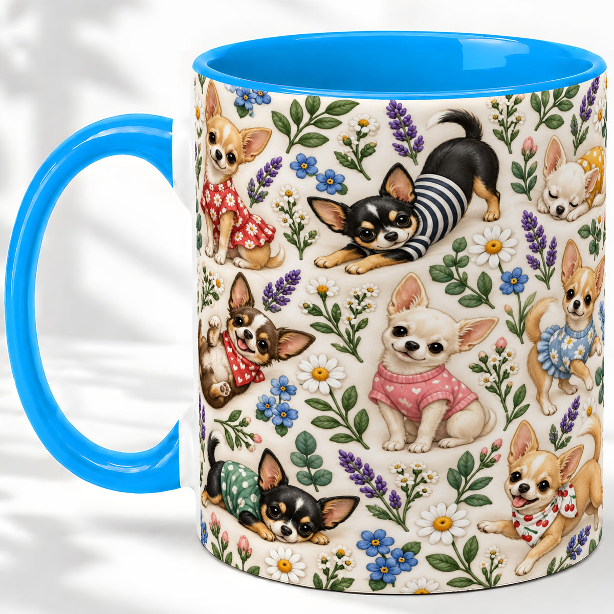 #pl[11oz|Blue] Floral Chihuahua Accent Mug, Ceramic Mug with Botanical Dog Art