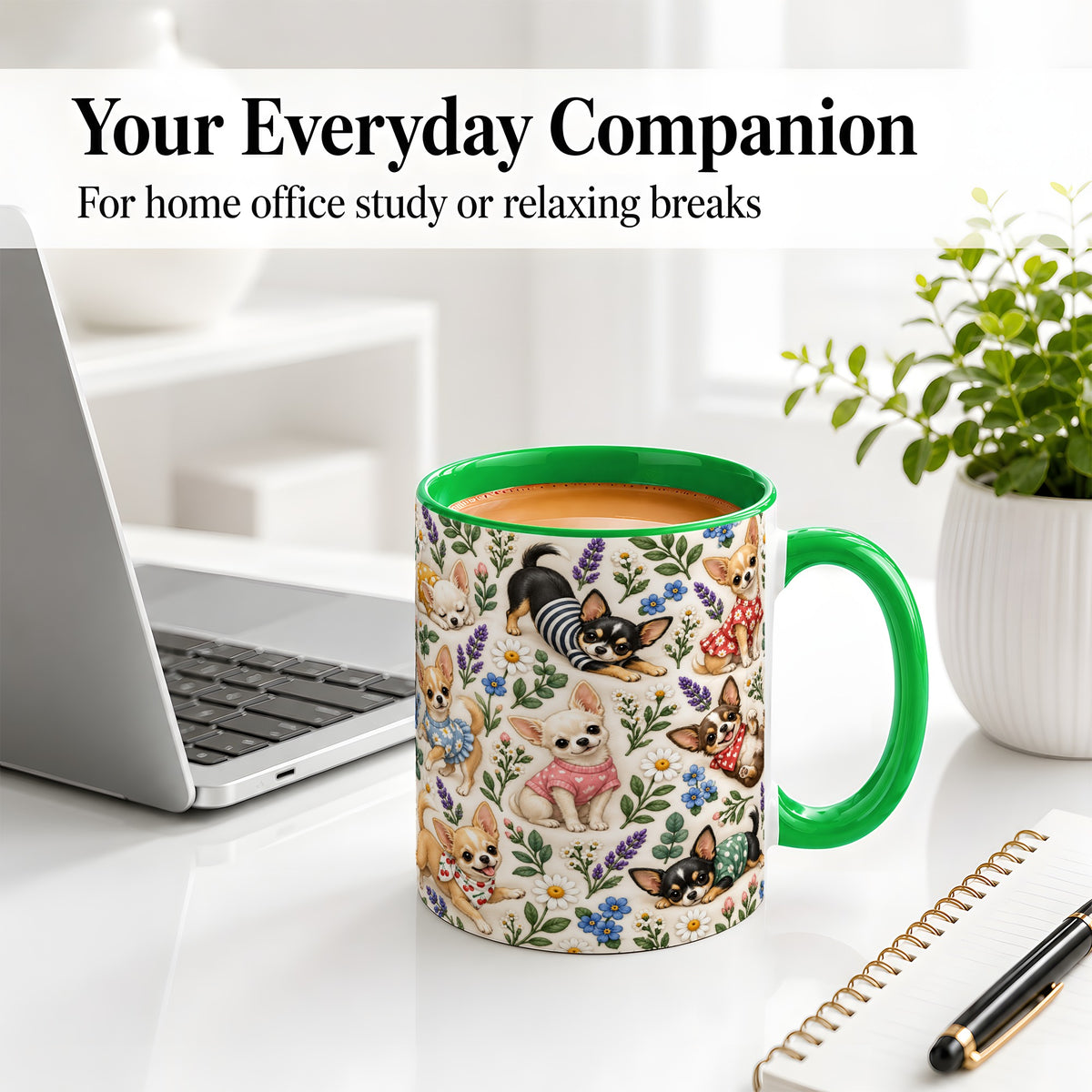 #pl[11oz|Green] Floral Chihuahua Accent Mug, Ceramic Mug with Botanical Dog Art