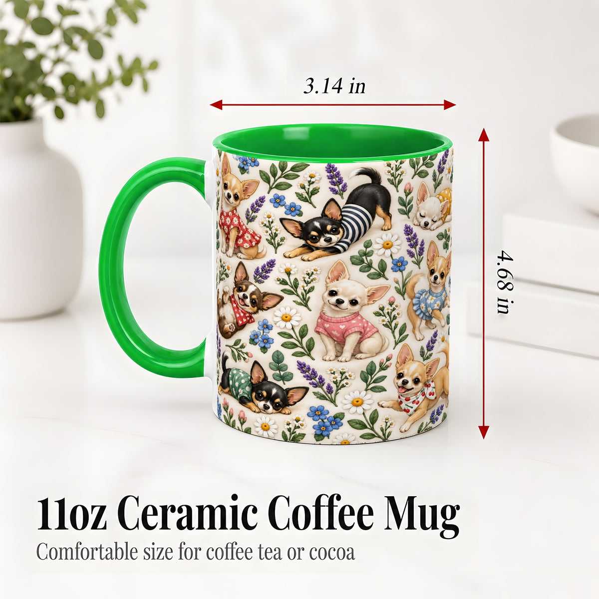 #pl[11oz|Green] Floral Chihuahua Accent Mug, Ceramic Mug with Botanical Dog Art