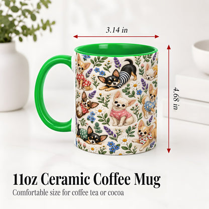 #pl[11oz|Green] Floral Chihuahua Accent Mug, Ceramic Mug with Botanical Dog Art