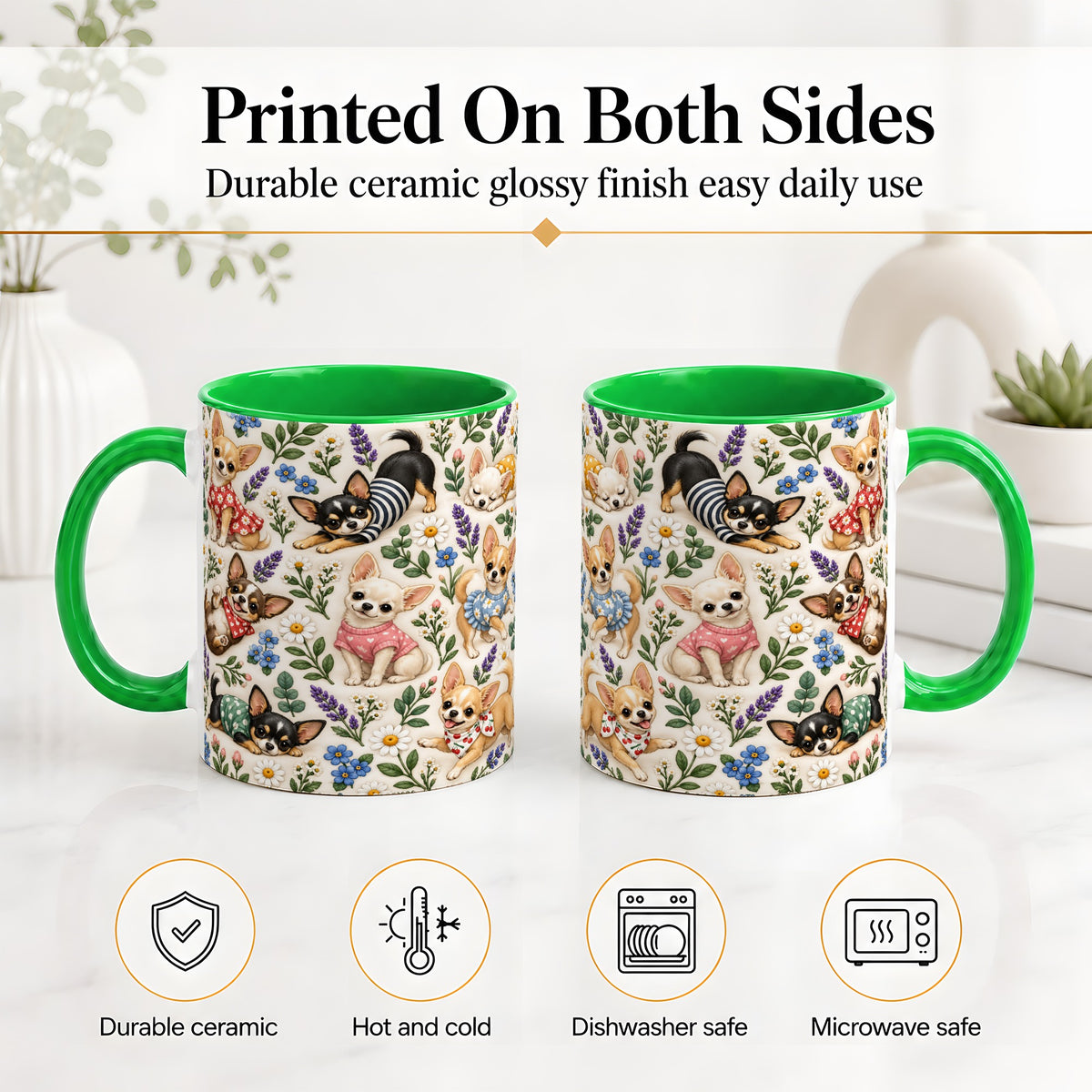 #pl[11oz|Green] Floral Chihuahua Accent Mug, Ceramic Mug with Botanical Dog Art