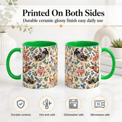 #pl[11oz|Green] Floral Chihuahua Accent Mug, Ceramic Mug with Botanical Dog Art