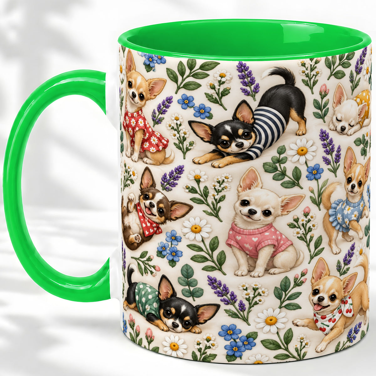 #pl[11oz|Green] Floral Chihuahua Accent Mug, Ceramic Mug with Botanical Dog Art