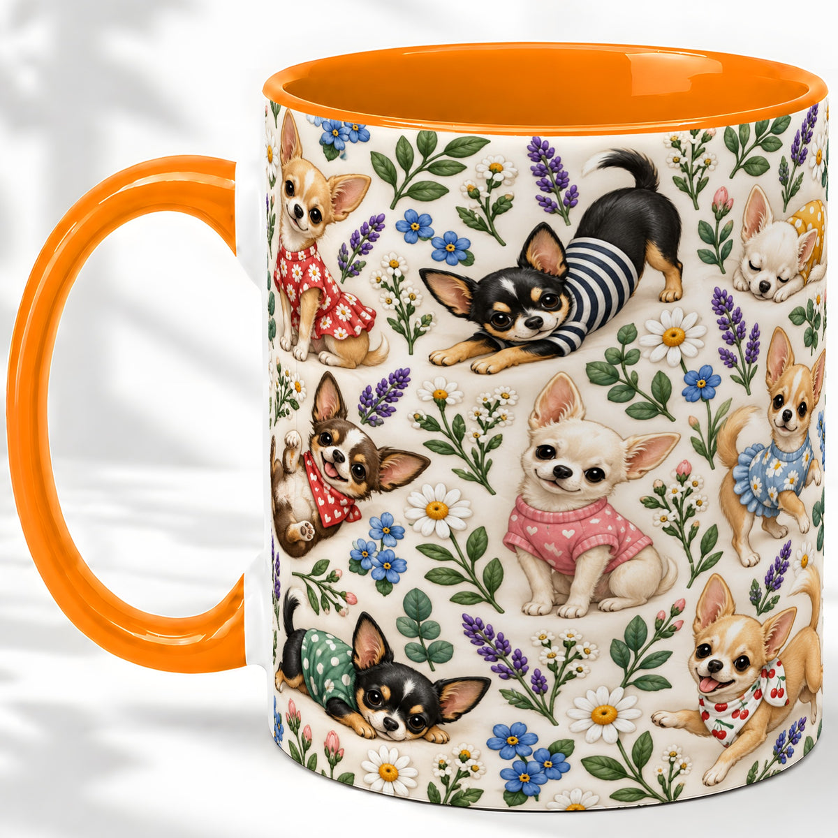 #pl[11oz|Orange] Floral Chihuahua Accent Mug, Ceramic Mug with Botanical Dog Art