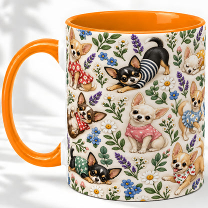 #pl[11oz|Orange] Floral Chihuahua Accent Mug, Ceramic Mug with Botanical Dog Art