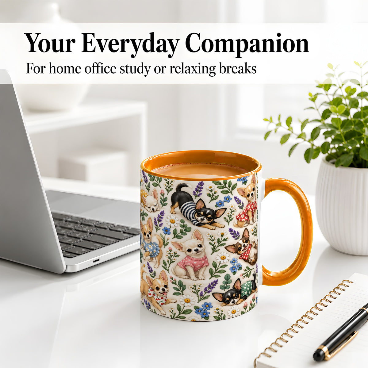 #pl[11oz|Orange] Floral Chihuahua Accent Mug, Ceramic Mug with Botanical Dog Art