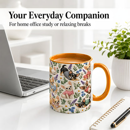 #pl[11oz|Orange] Floral Chihuahua Accent Mug, Ceramic Mug with Botanical Dog Art
