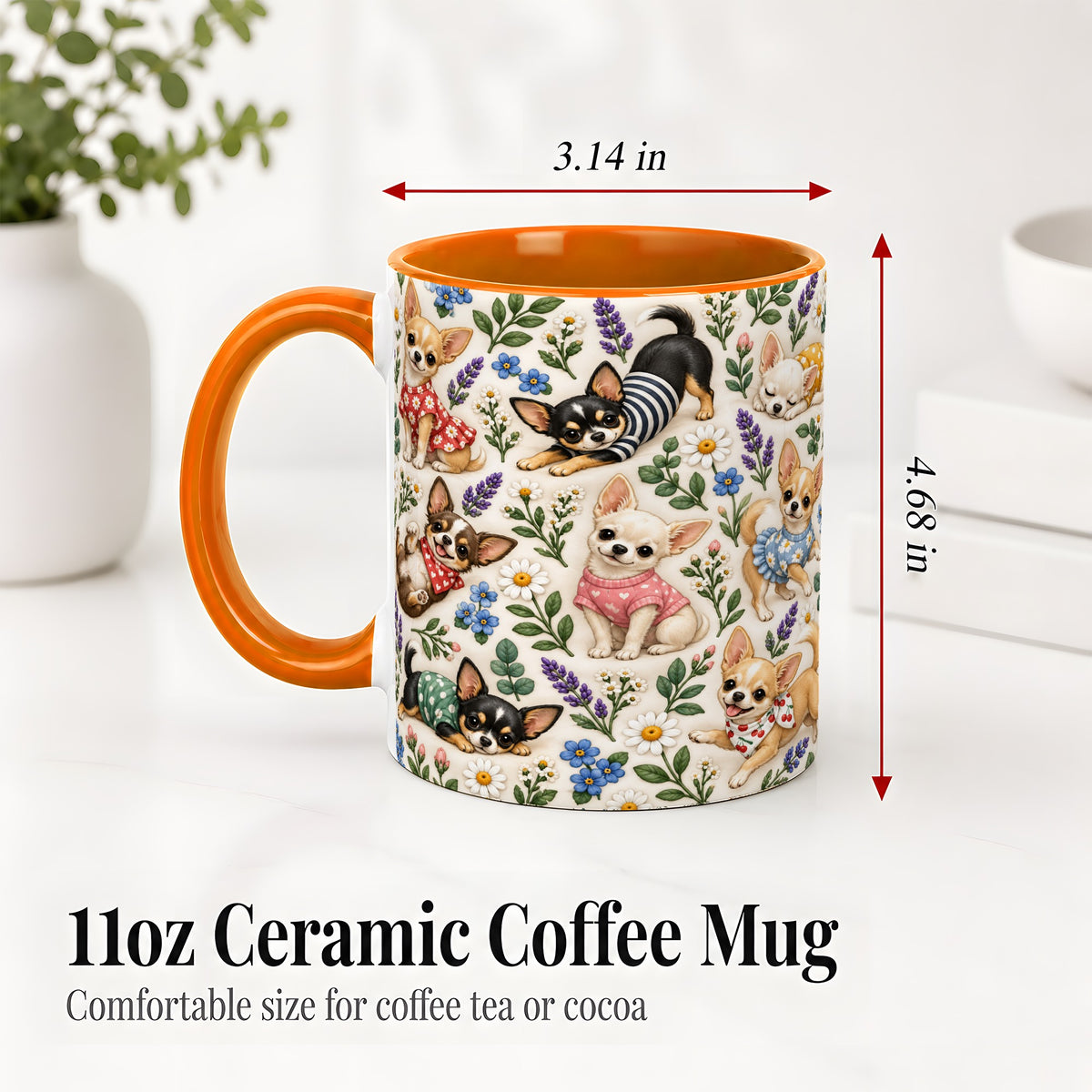 #pl[11oz|Orange] Floral Chihuahua Accent Mug, Ceramic Mug with Botanical Dog Art