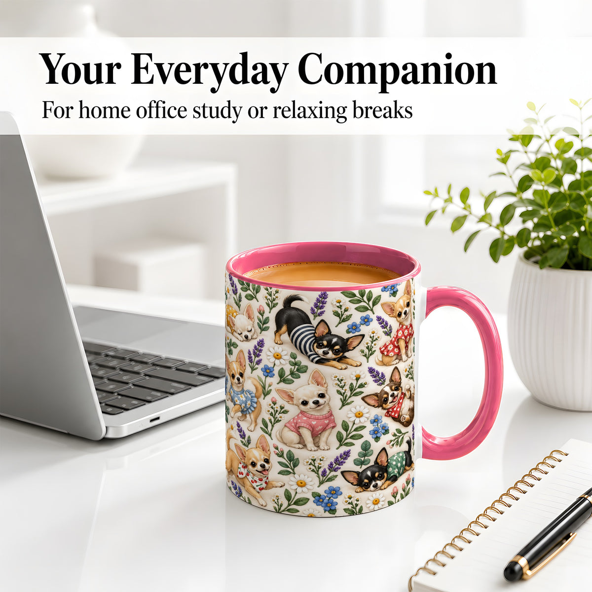 #pl[11oz|Pink] Floral Chihuahua Accent Mug, Ceramic Mug with Botanical Dog Art