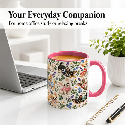 #pl[11oz|Pink] Floral Chihuahua Accent Mug, Ceramic Mug with Botanical Dog Art