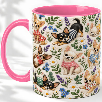#pl[11oz|Pink] Floral Chihuahua Accent Mug, Ceramic Mug with Botanical Dog Art