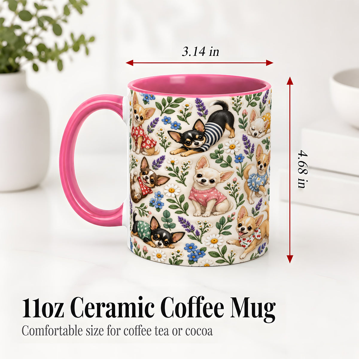 #pl[11oz|Pink] Floral Chihuahua Accent Mug, Ceramic Mug with Botanical Dog Art