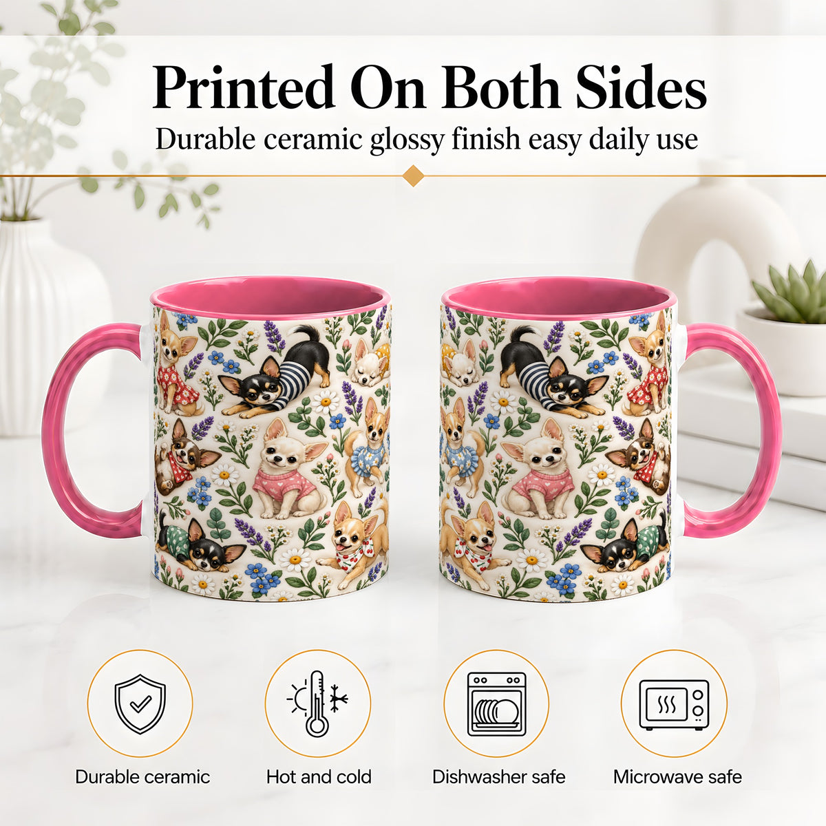 #pl[11oz|Pink] Floral Chihuahua Accent Mug, Ceramic Mug with Botanical Dog Art