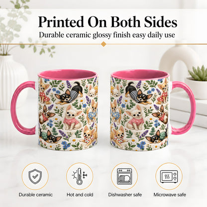 #pl[11oz|Pink] Floral Chihuahua Accent Mug, Ceramic Mug with Botanical Dog Art