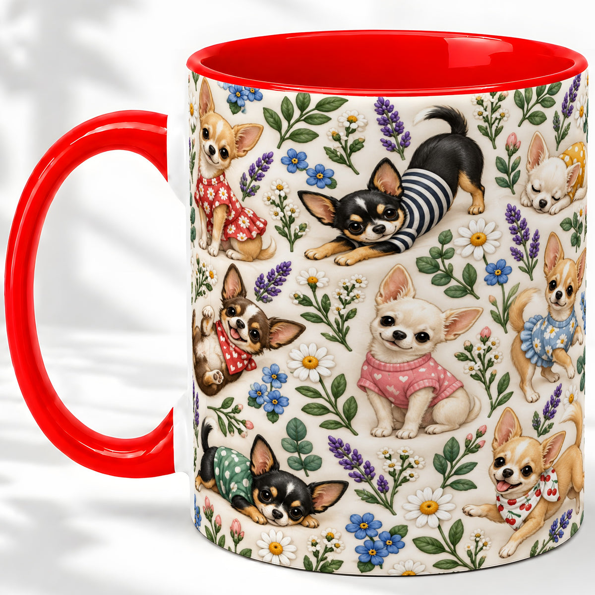 Floral Chihuahua Accent Mug, Ceramic Mug with Botanical Dog Art