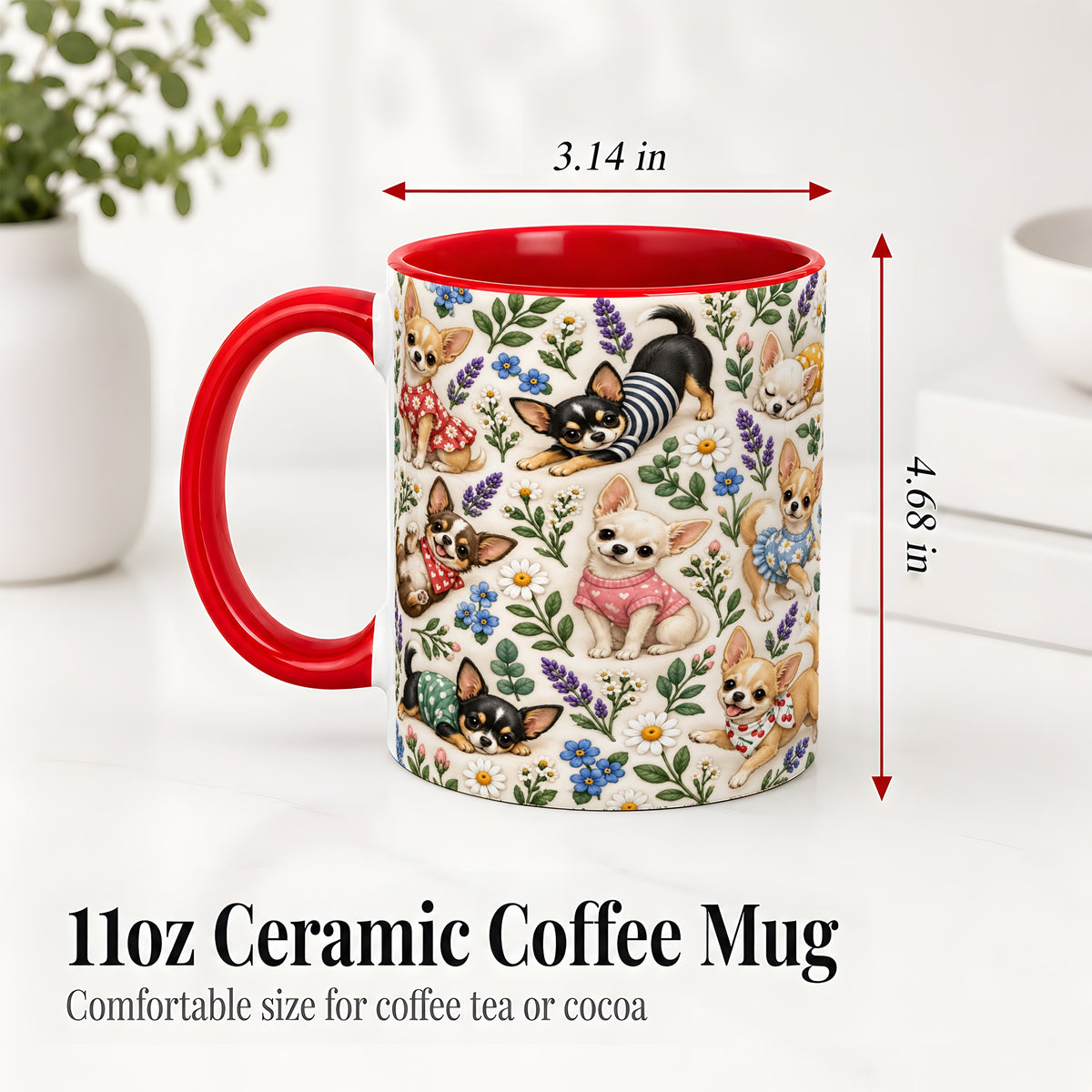 #pl[11oz|Red] Floral Chihuahua Accent Mug, Ceramic Mug with Botanical Dog Art