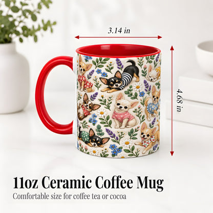 #pl[11oz|Red] Floral Chihuahua Accent Mug, Ceramic Mug with Botanical Dog Art