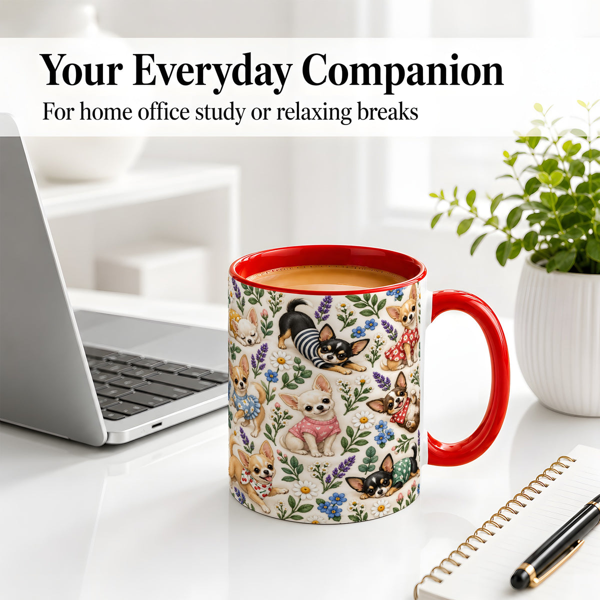 #pl[11oz|Red] Floral Chihuahua Accent Mug, Ceramic Mug with Botanical Dog Art